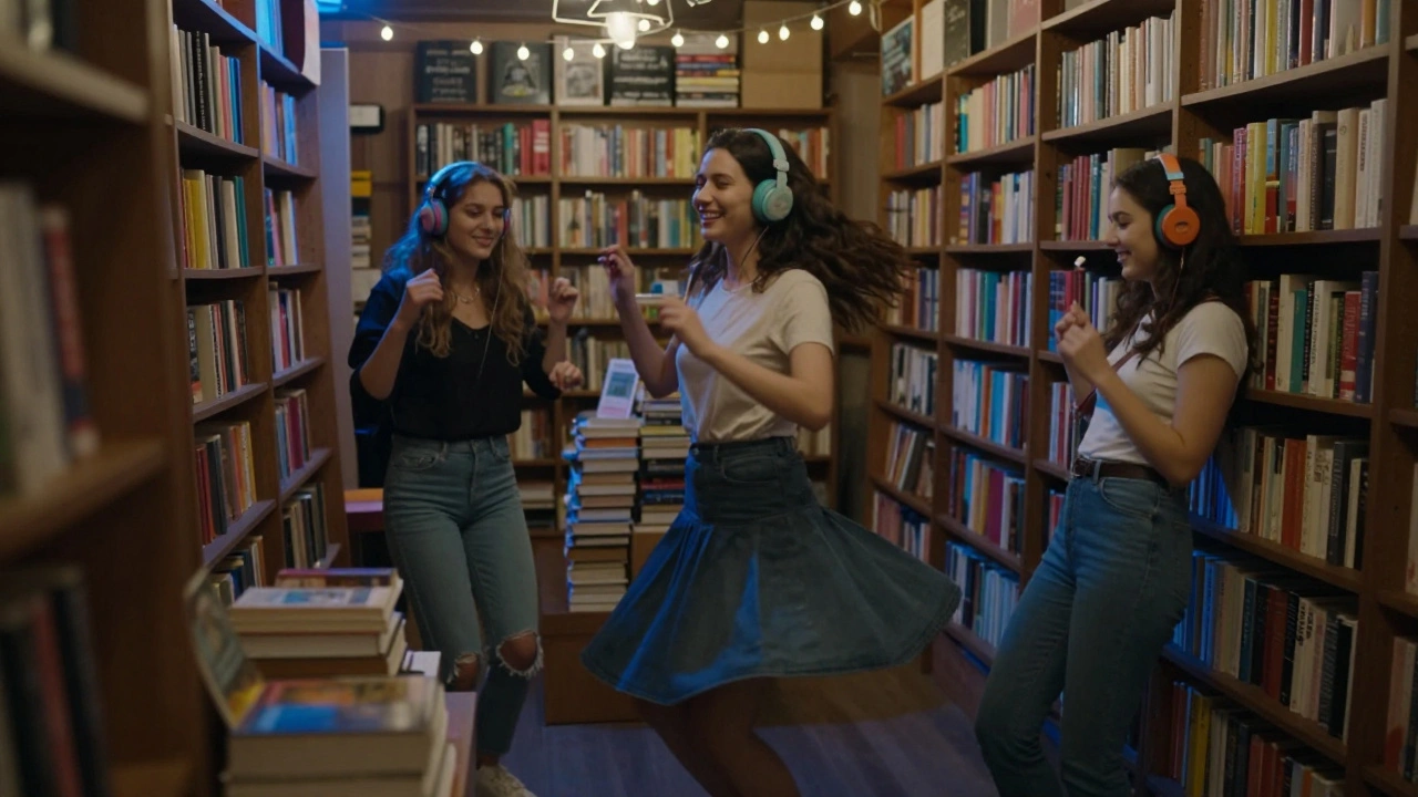 Women dancing silently among bookshelves in a cozy bookstore with headphones on at night.