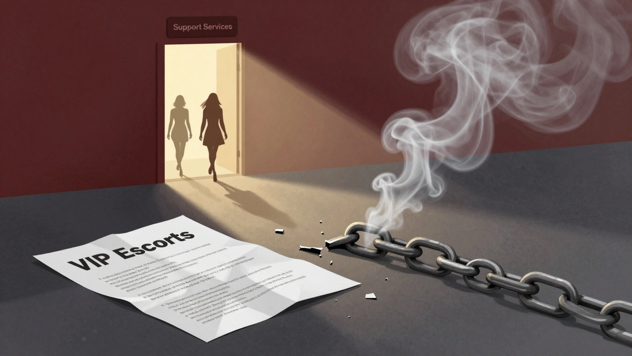 A broken chain dissolves into smoke forming silhouettes of women walking toward a door labeled 'Support Services.'