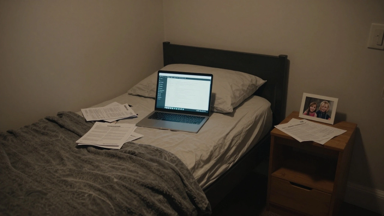 A modest rented room in outer London shows personal belongings, a laptop, and a photo of children on a nightstand.