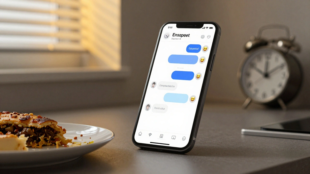 A smartphone shows encrypted messages on Signal with a location ping in Peckham, resting on a kitchen counter at night.
