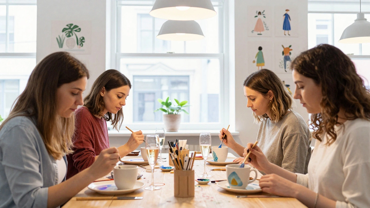 Four friends painting ceramics at a craft night with prosecco glasses nearby.