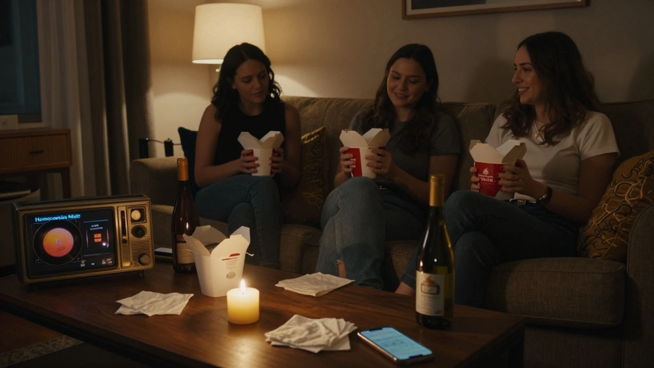 Friends relaxing at home with takeout, candles, and a nostalgic playlist.