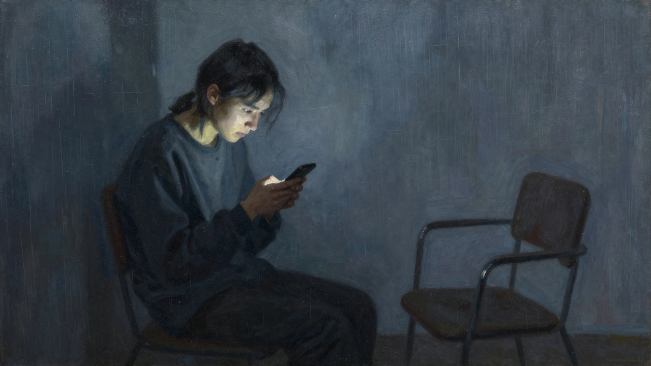 Person alone in dark room, anxious look at phone.