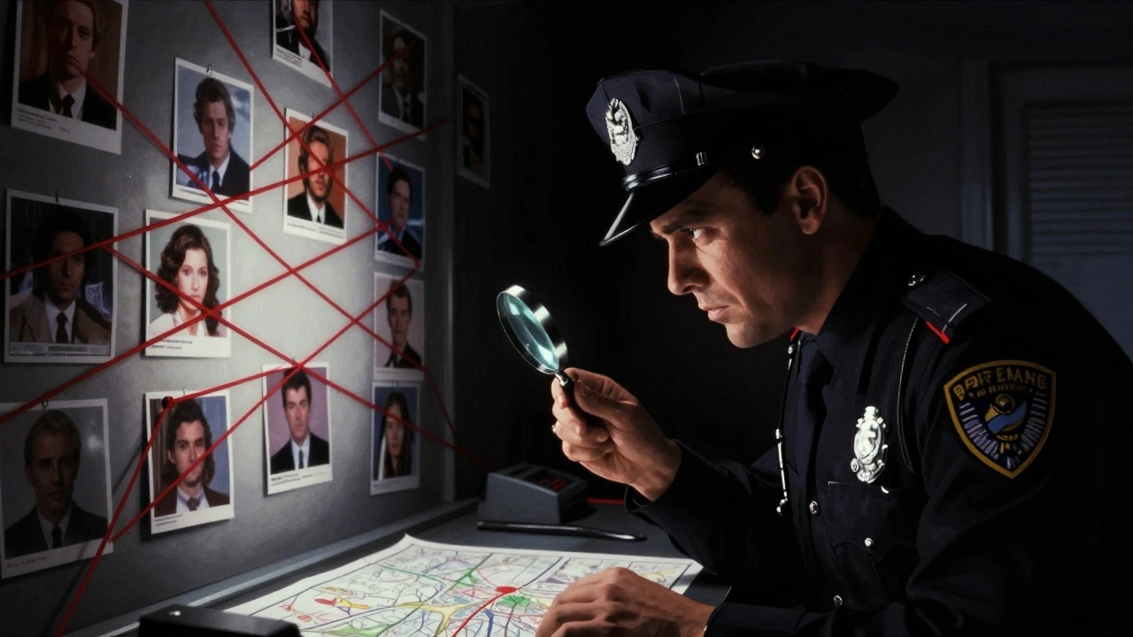 Police officer studying red string map in dark office