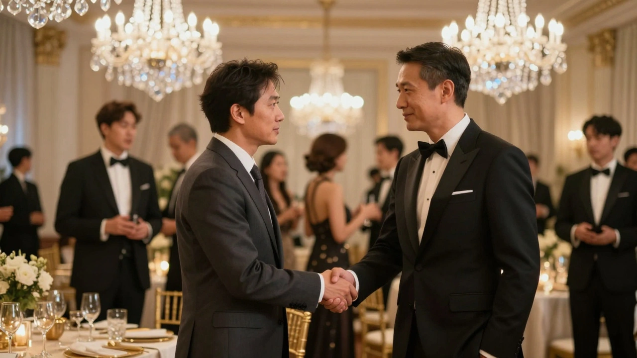 Professional companion at charity gala shaking hands with client.