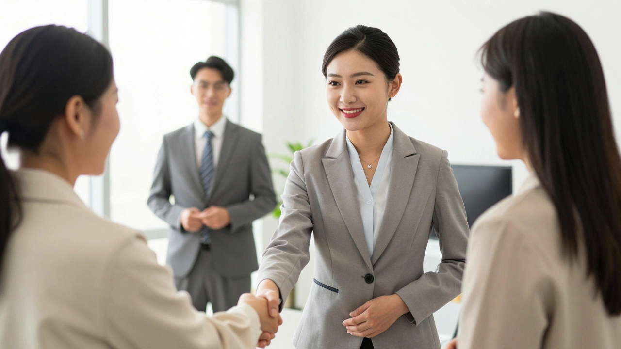 Professional hostess networking at corporate event safely.