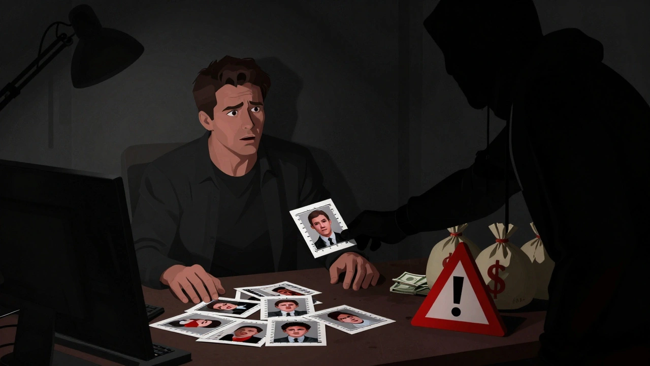 Shadowy scammer presenting fake escort photos in dim room.