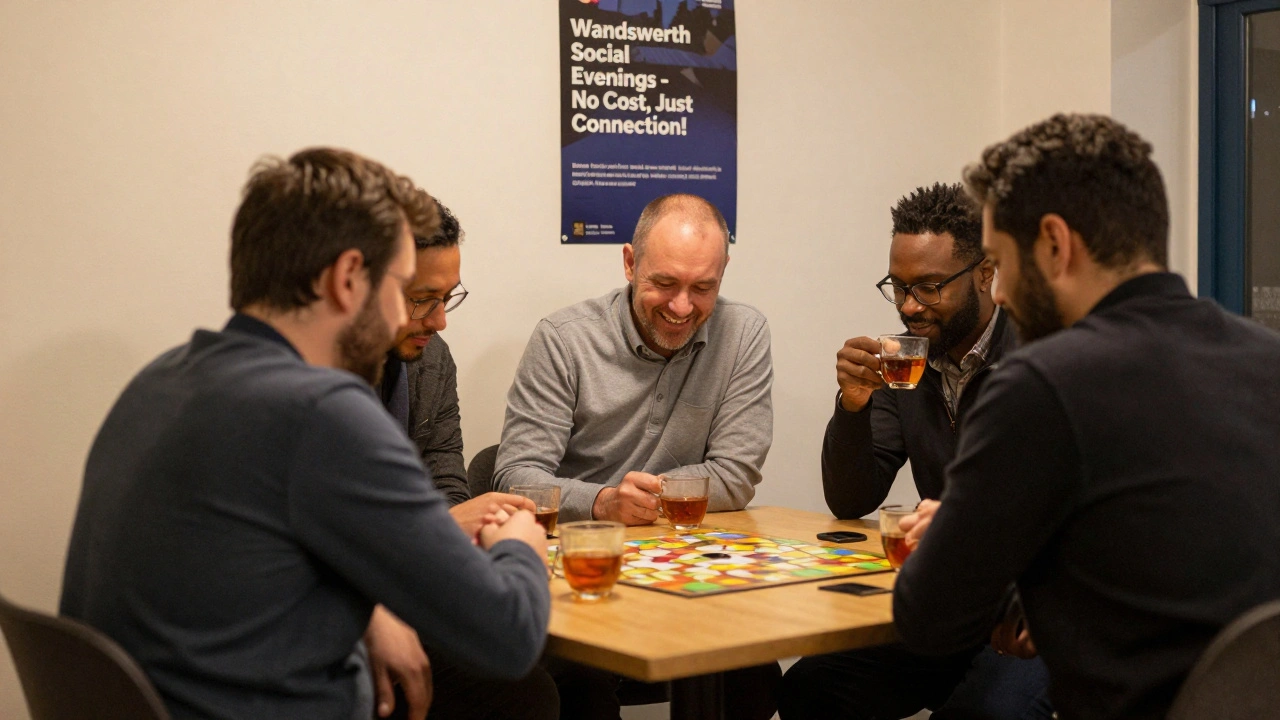 Three men socialize over tea and a board game at a community center in Croydon, with a 'No Cost, Just Connection' poster on the wall.